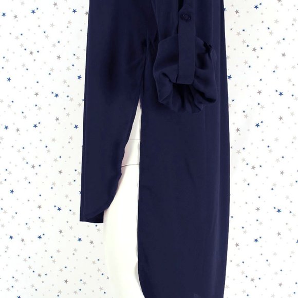 Woven Chiffon Button Up Hi Lo Blouse Shirt Navy - Picture 6 of 8